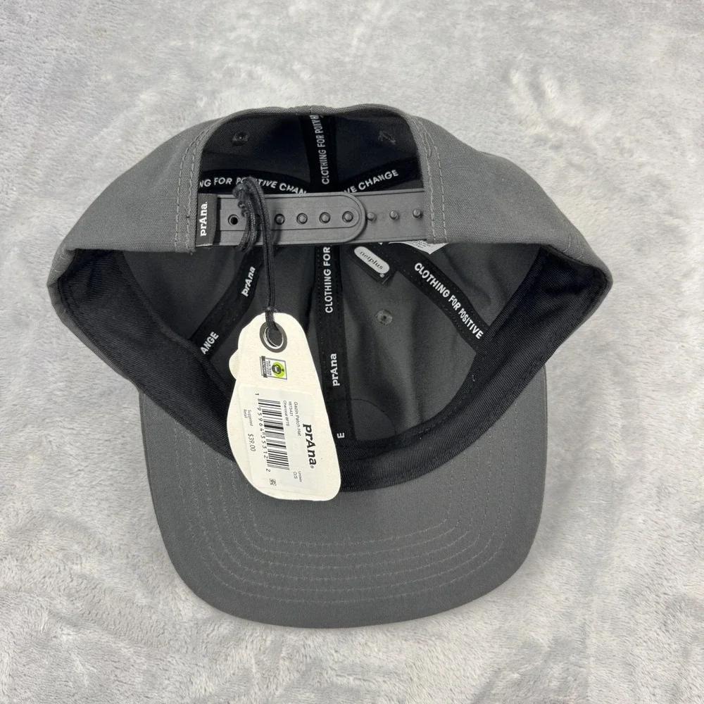 PRANA Gazin Patch Hat Unisex OS Charcoal Snapback UPF 50+ Recycled